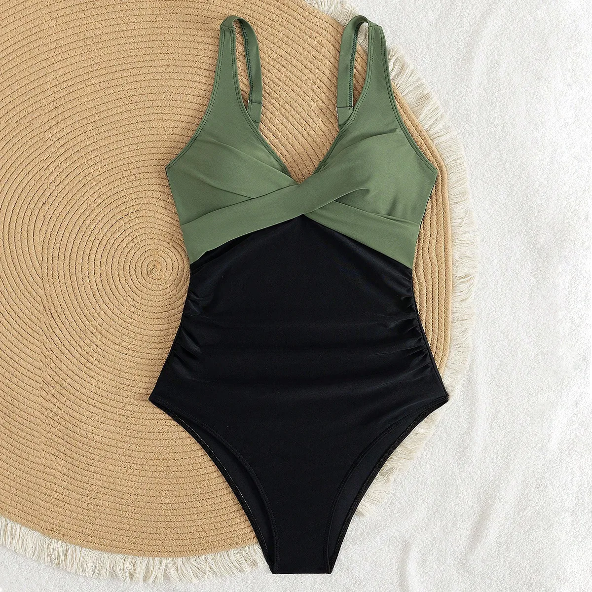 Color Block One‑Piece Swimsuit Twist Front V‑Neck Adjustable Straps Ruched Bathing Suit For Beach Pool Brazil Summer Swimwear