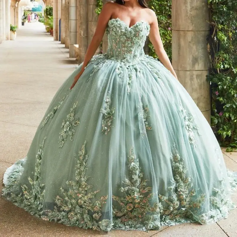 

Mexican Mint Green 2025 Quinceanera Dress Ball Gown Sweet 15 16 Flowers 3D Flower Applique Lace Beads Corset Vestidos De 15 Años