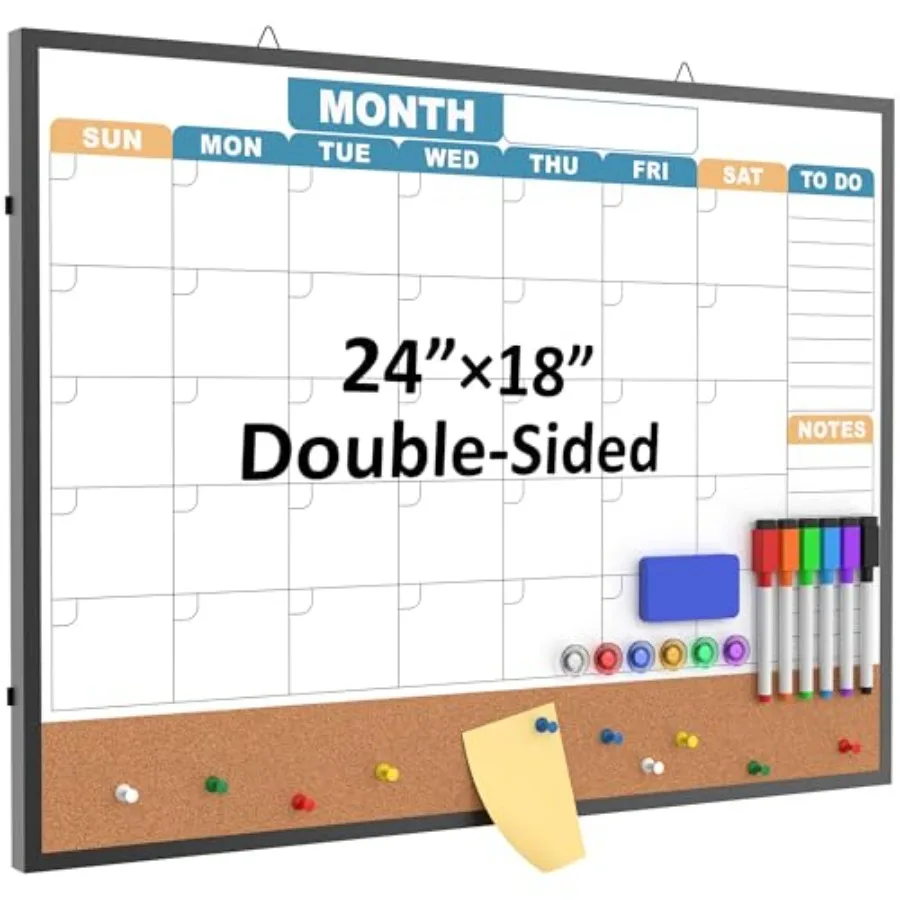 

Monthly Calendar Dry Erase Board 24x18 Inch, DoubleSided Whiteboard and Corkboard Combo with Calendar,Wall Mounted Planner with