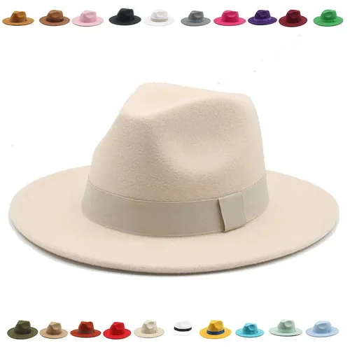 Sombrero Fedora, sombreros de invierno para mujer, banda de cinta, sombrero para hombre, ala ancha, clásico, Beige, boda, Iglesia, Bowler, nuevo gorro, chapeau femme