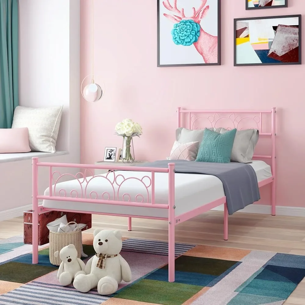 Pink Twin Bed Frames com cabeceira pendurada, armazenamento Caddy para adolescentes e adultos, bonito Twin Size Bed Frame, cabeceira