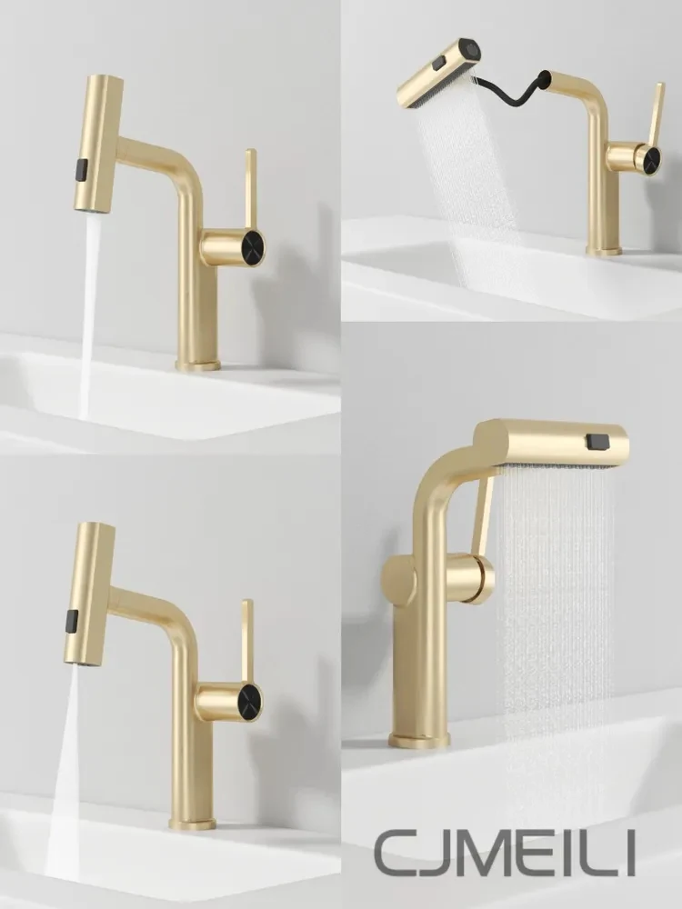 3 Functions Pull-out Bathroom Sink Mixer, Flexible Faucet for Kitchen and Basin, Brushed Gold