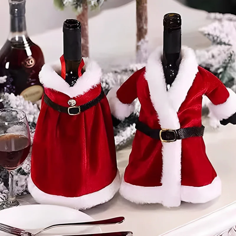 Christmas Wine Bottle Set Party Table Decor Wine Bottle Cover Red Velvet Dress Santa Claus Costume New Years Dinnerware Decor