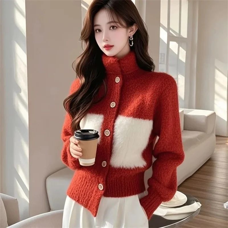 

Christmas Red Color Sweater Women Knitwear 2025 New Autumn Winter Sweater Cardigan Coat Beautiful Spliced Knitted Top Female