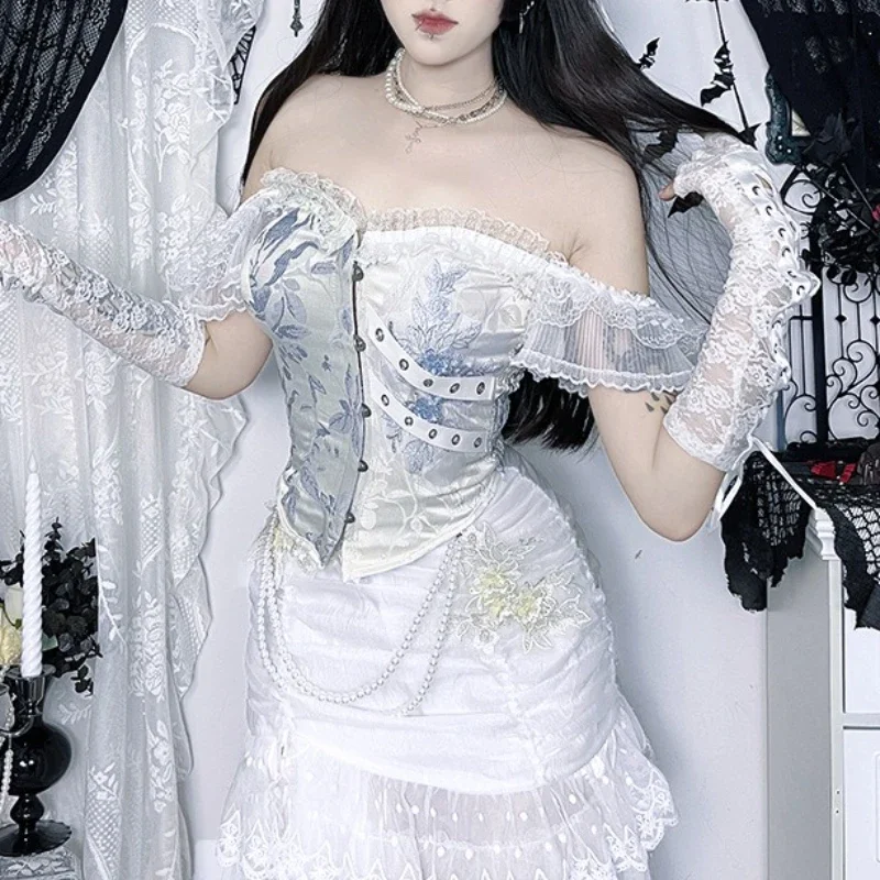 خريف جديد القوطية مثير فتاة الساخنة سترة القوطية الأزهار الدانتيل المرقعة القمم 2000s Y2k ثقافة فرعية واحدة الكتف المتناقضة تونك #6