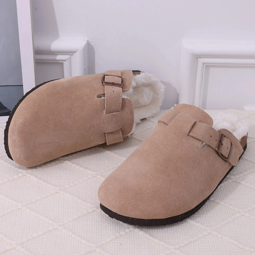 Crestar Fur Suede Clogs For Women Winter Fashion Cork Footbed Mules Slippers Outdoor Short Plush Warm Potato Shoes zuecos mujer