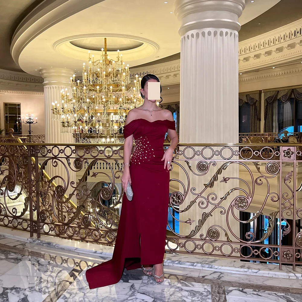 

Burgundy Evening Dresses for Women Off The Shoulder Crystal Pleated Slit Jersey Evening Gowns Midi Formal Party Dress Customized