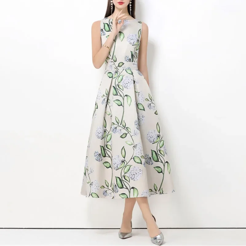 Moda senza maniche O-Collo Abiti per le donne Vita alta Stampa Slim Abito da donna A-LINE Abito da donna Abiti De Verano Mujer Q1963