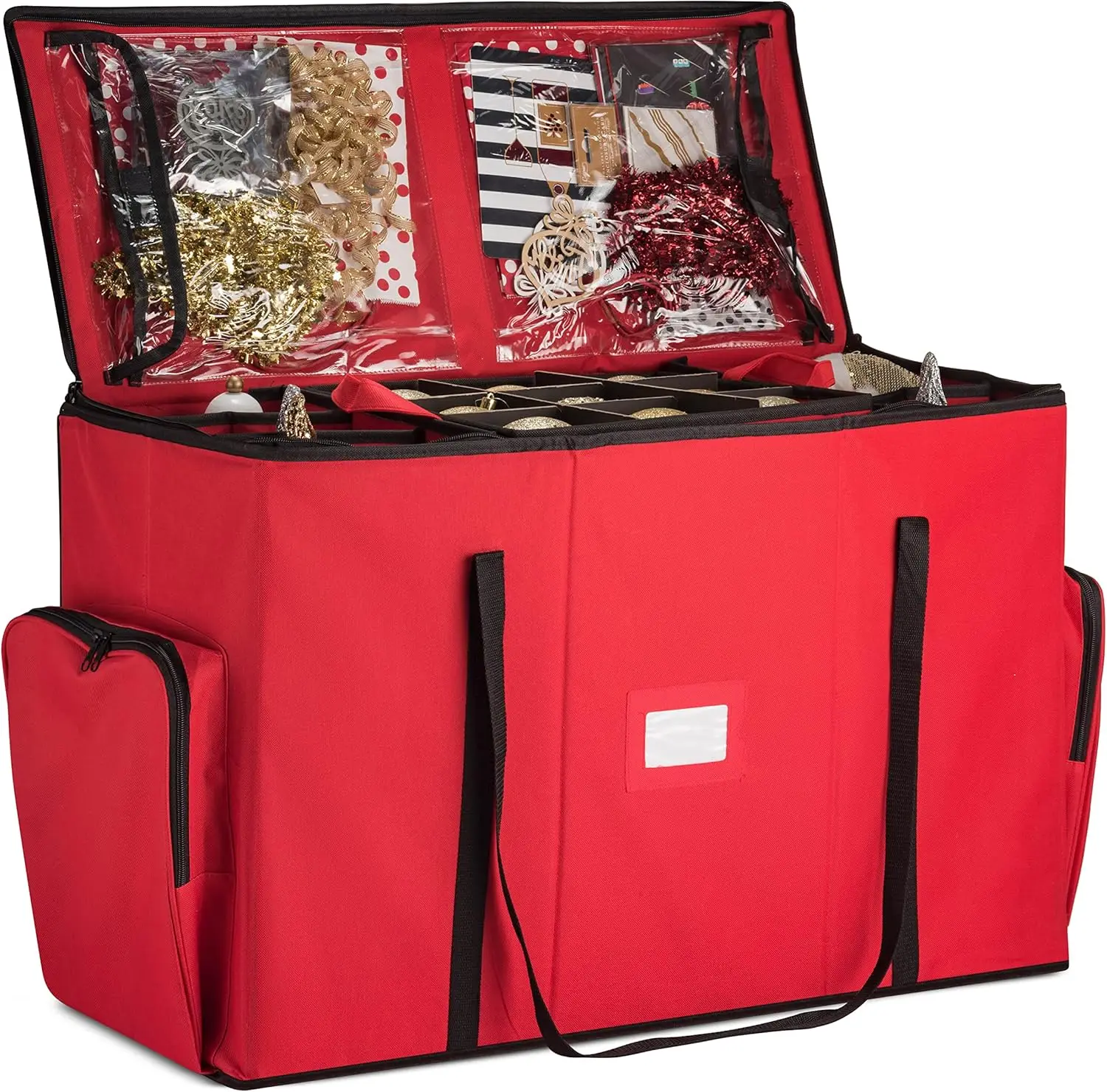 

Christmas Ornament Storage Box with Removable Trays, Holds 73 Decorations - Adjustable Compartments and Pockets in Red