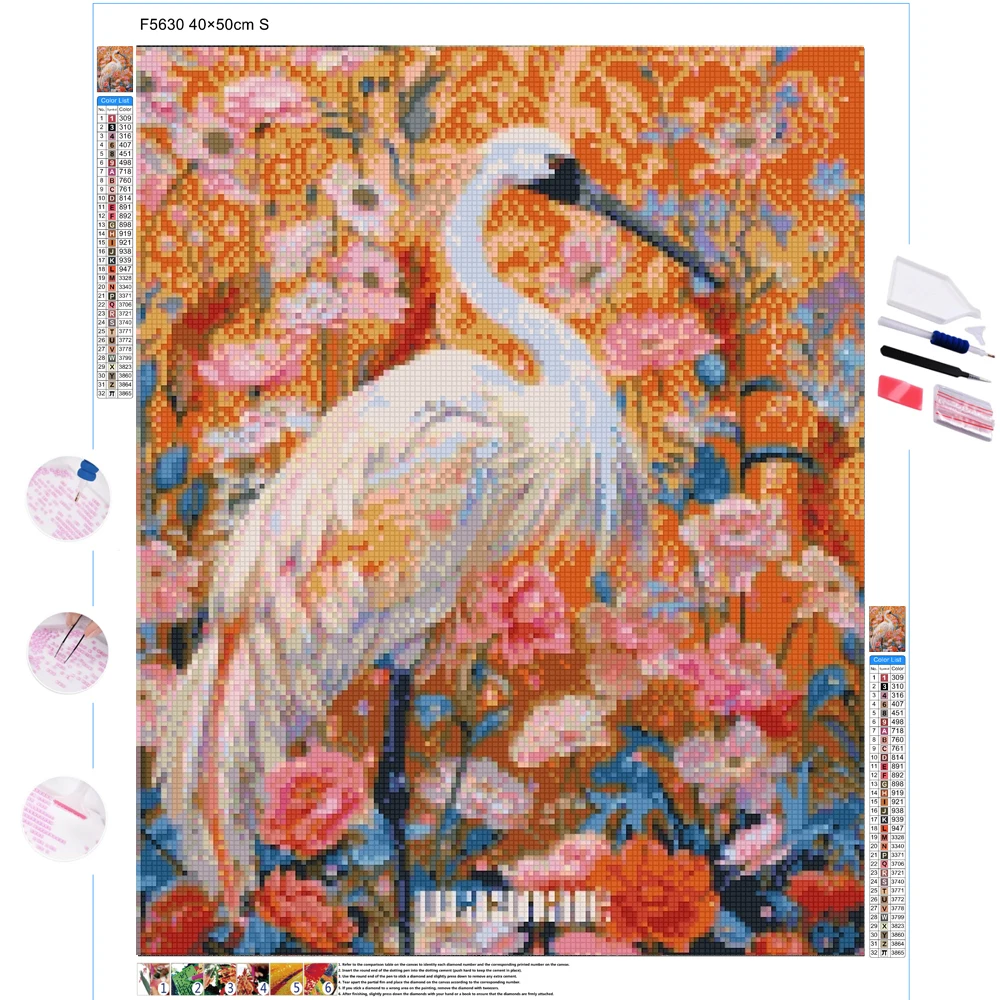 Mosaic Diamond Drawing Painting Kits White Red-Crowned Crane Full Round or Square Crystal Birthday Handmade Drawing Gift