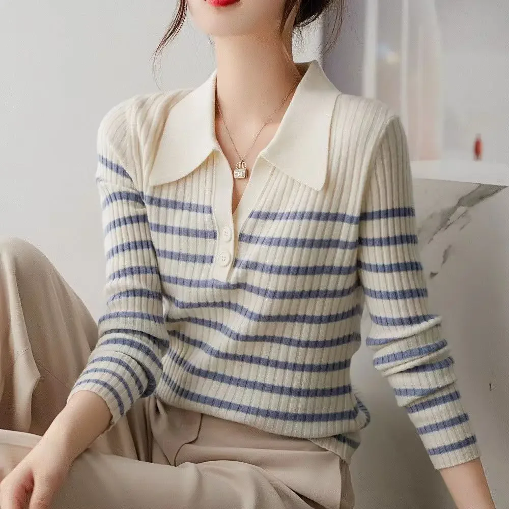 Female Tee Knitted Striped T-shirts Autumn Winter Women's Polo On Offer Basic Korean Popular Clothes Youthful Elegant Original