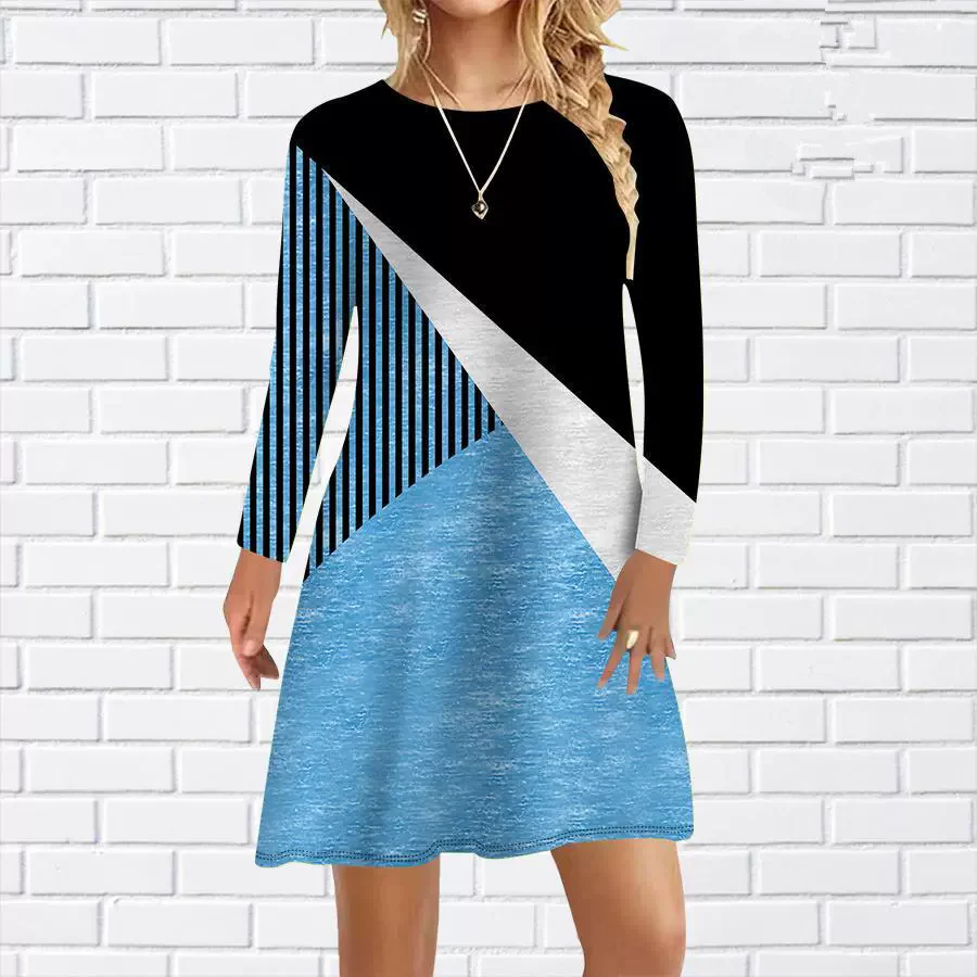 Fashion Striped Pattern Women Mini Dresses All Season Long Sleeve 3d Printed Streetwear Ladies Dress 3XL Plus Size Casual Dress