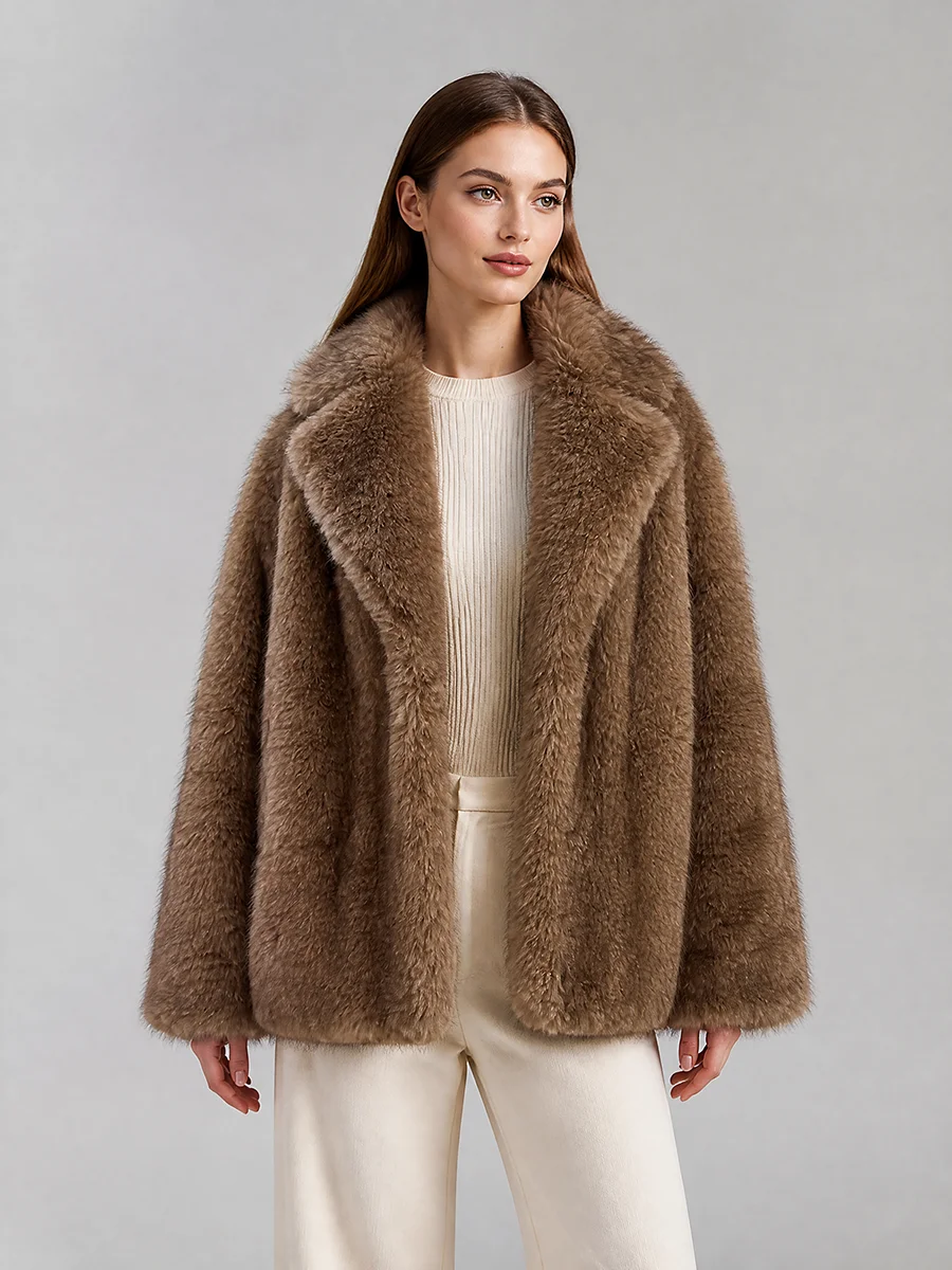 LIMO Women Faux Fur  Front Long Sleeve Cropped Loose Fit Plush Fluffy Warm Winter Daily Fashion Outerwear Coat