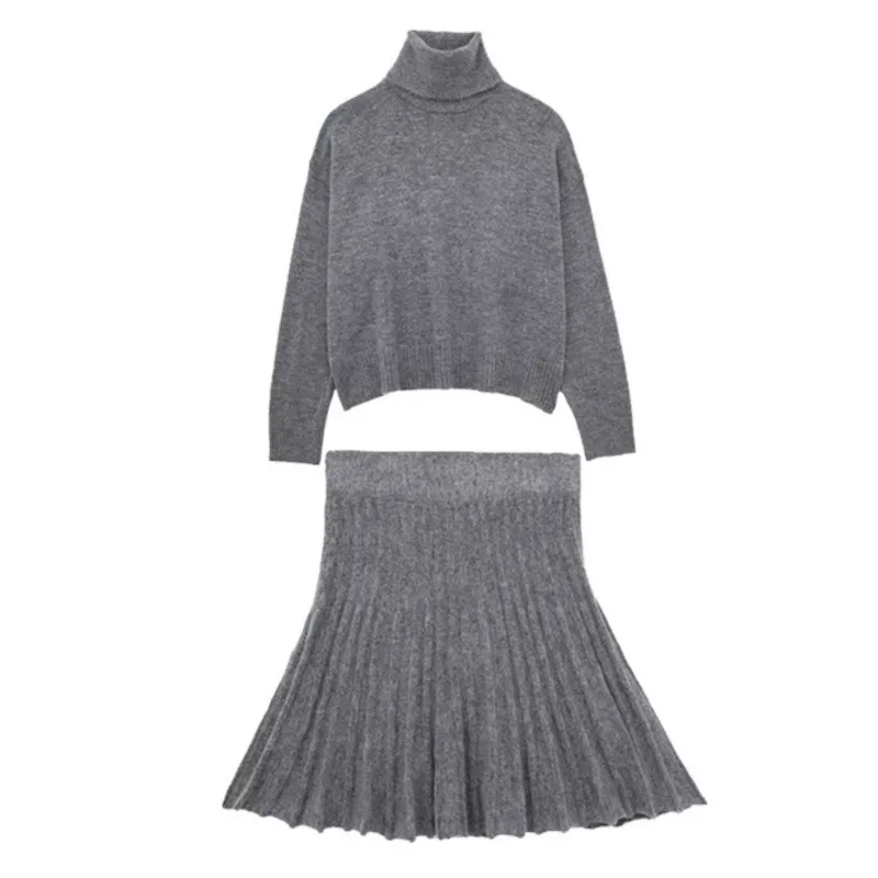 High Collar Sweater And Pleat Skirt Winer Autumn Two Piece Set Solid Color Knit Top + Short Skirt Fashion Chic Women Outfits