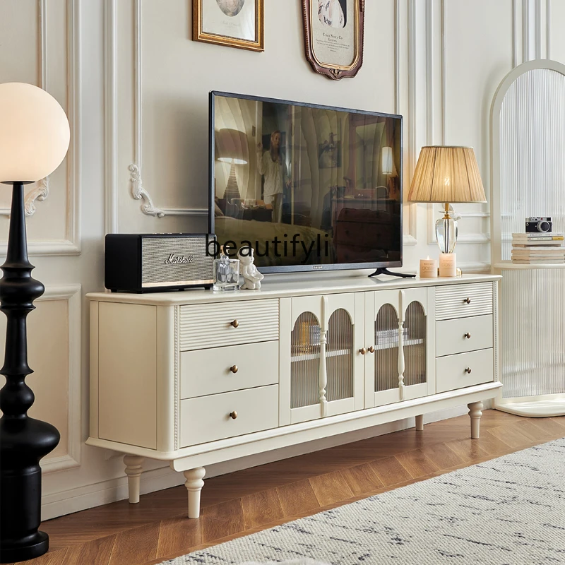 

French Cream Style Solid Wood TV Cabinet White Full Log Living Room Home High Floor Type TV Stand