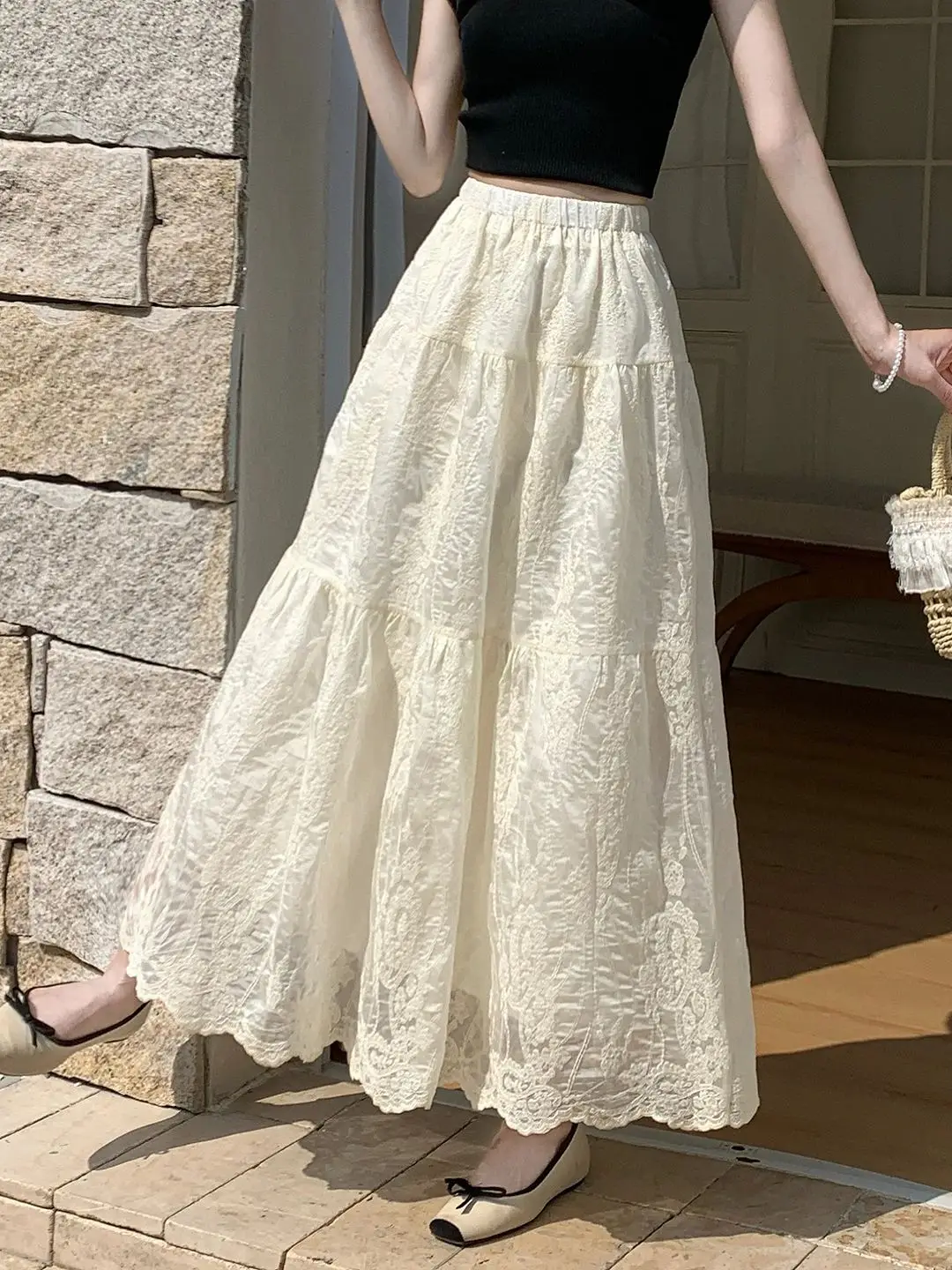 Falda Maxi de Verano para Mujer, con Encaje Calado, Diseño de Bordado Floral, Falda Francesa en Capas con Corte en A, Falda Elegante para Fiesta, Estilo Boho Chic