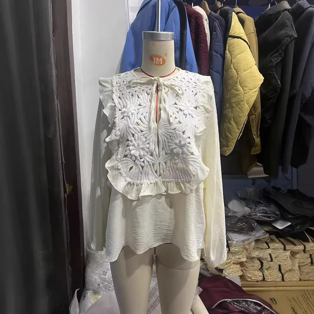 Women's Fashion Round Neck Tie-Up Casual Shirt Skirt White Lace Long Bell Sleeve Blouse Mini Skirt Casual Outfit For Women HJH5