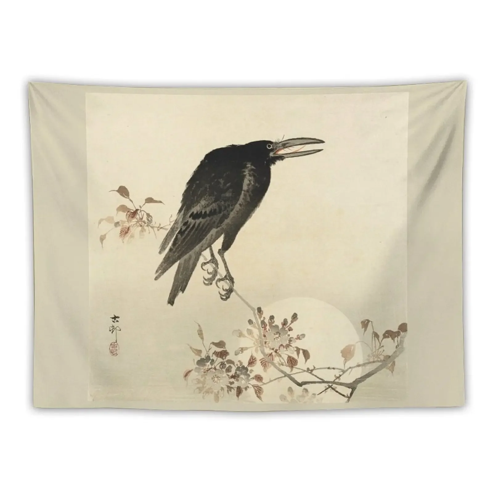 

Koson Ohara - Crow on flowering Cherry Branch at Full Moon Tapestry Aesthetics For Room Decor Home Wall Hanging Decor Tapestry