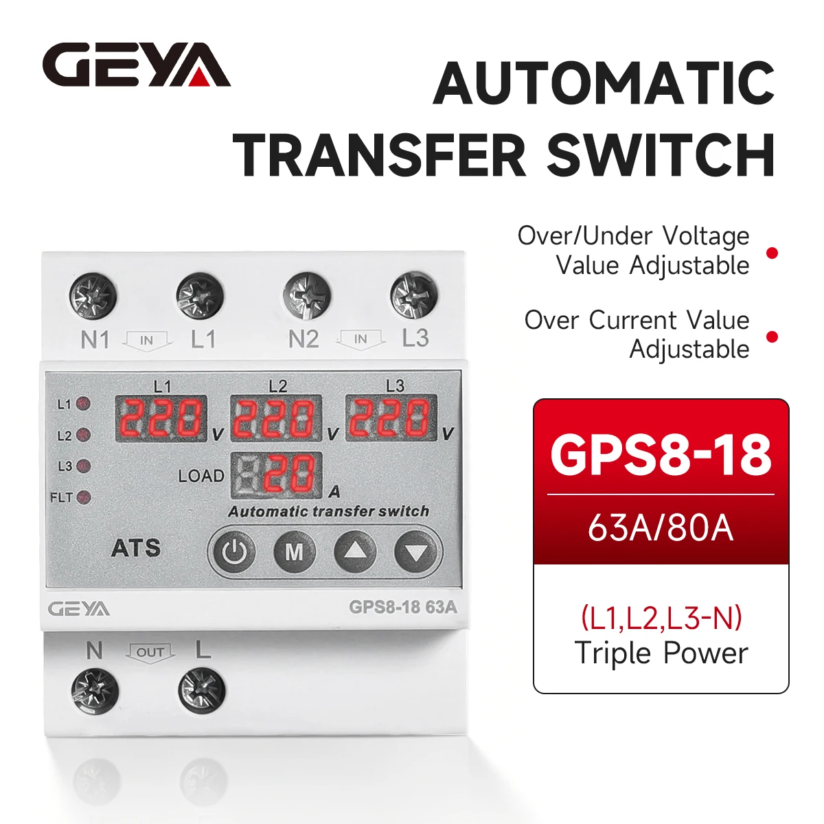 GEYA 3phase ATS Automatic Transfer Switch Phase Selector Adjustable Over Under Voltage Current Protection LCD Display 80A 220V