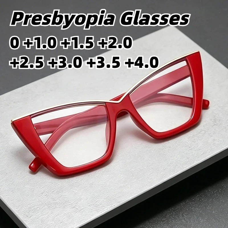 

2026 Trendy Women Retro Large Frame Cat Eye Presbyopia Glasses Anti Blue Light High Definition Reading Eyewear 0 To +4.0