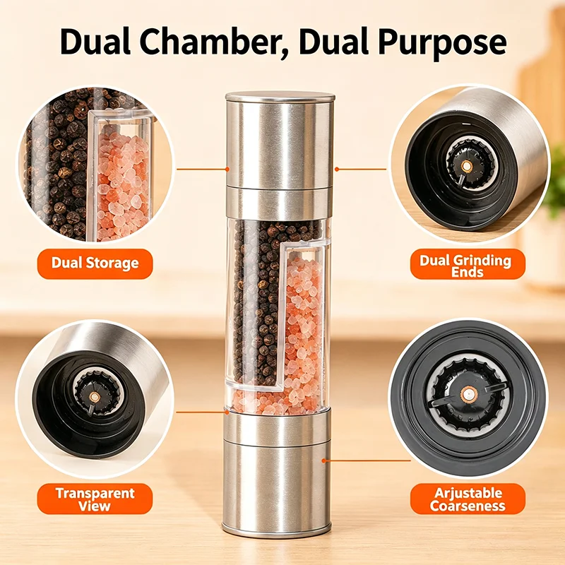 Salt and Pepper Grinder 2 in 1 Manual Stainless Steel Salt Pepper Mills with Adjustable Ceramic Grinding Spice Mill Kitchen Tool