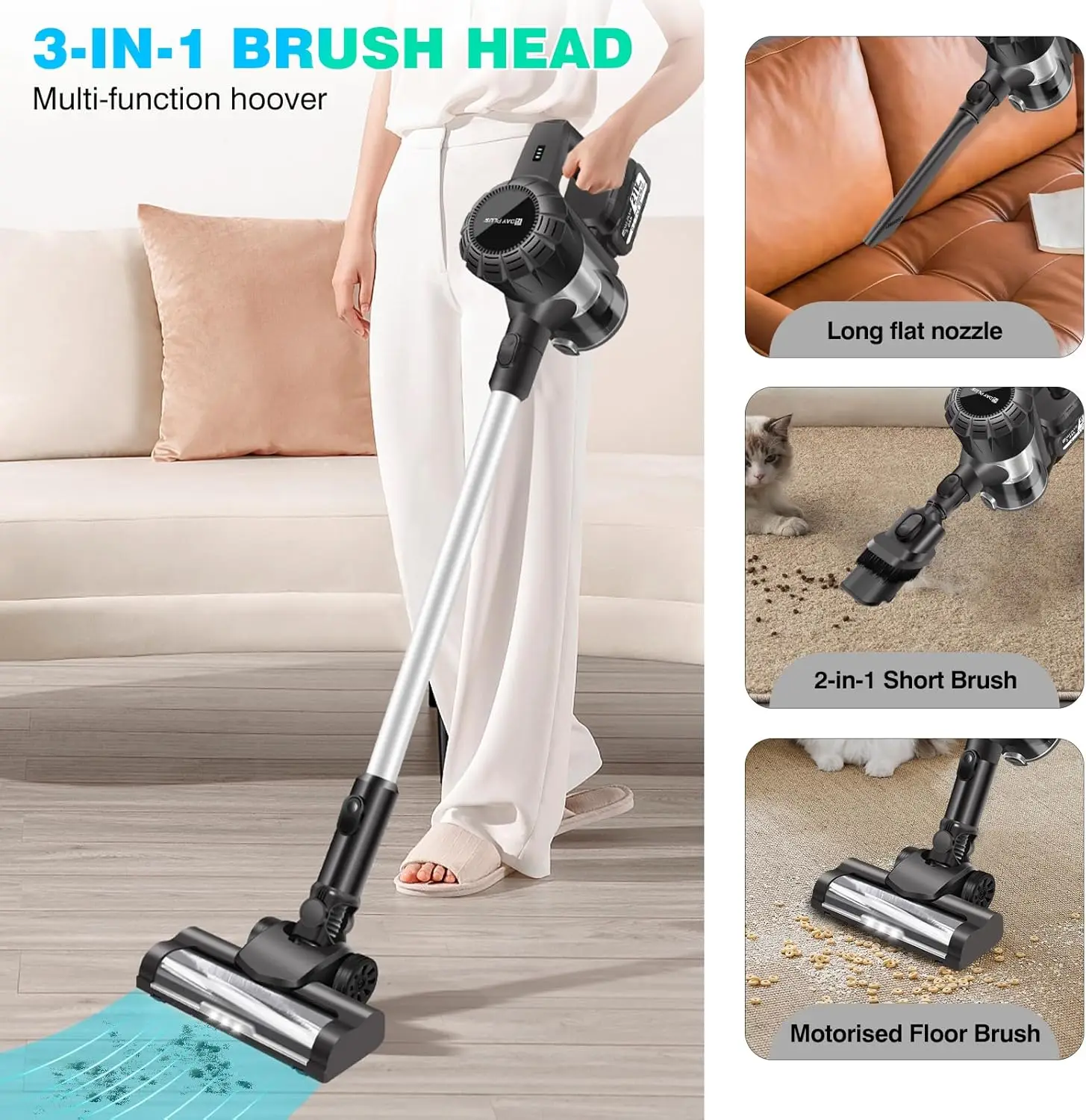 Cordless Vacuum Cleaner, 140W Powerful Stick Cleaner 3 in 1 Rechargeable Vacuum with 21V Battery, Lightweight Handheld Stick Vac