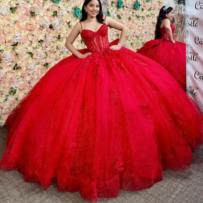 

Customized Red Quinceanera Dresses Ball Gown Strap Applique Bow Beads Tull Corset Party Birthday Sweet 15 vestidos de 15 años