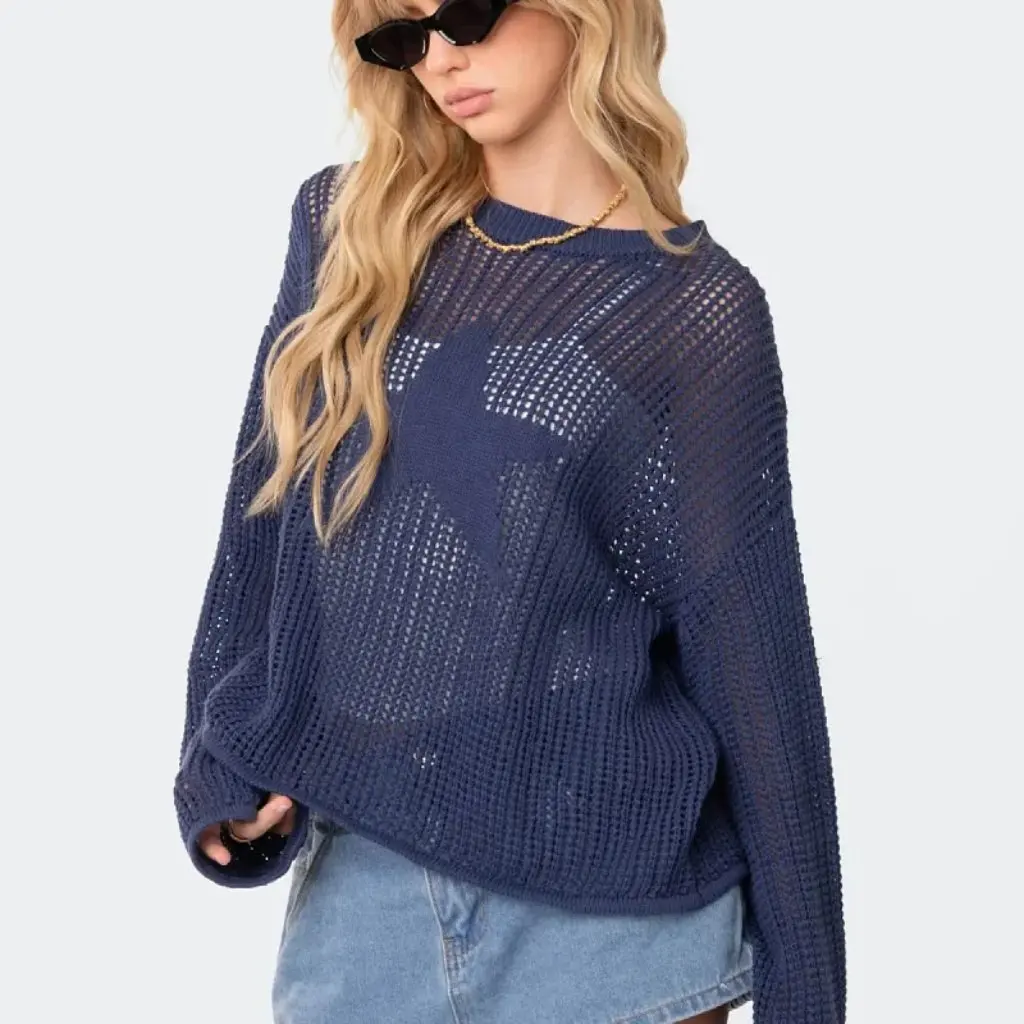 

Fashion Women's Hollow Knitted Blouse Sexy Loose Pullover Sweater European American Style New Design for Ladies