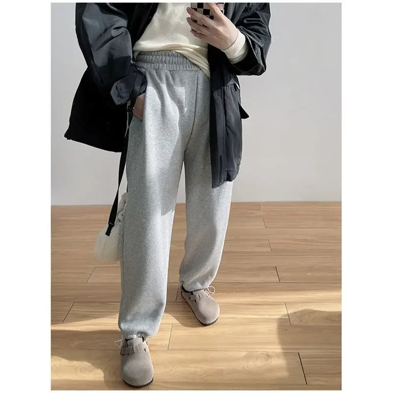 Deeptown Baggy Casual Woman Grey Sweatpants Autumn Korean Popular Thick Fleece Harem Pants Winter Warm Basic Straight Trousers