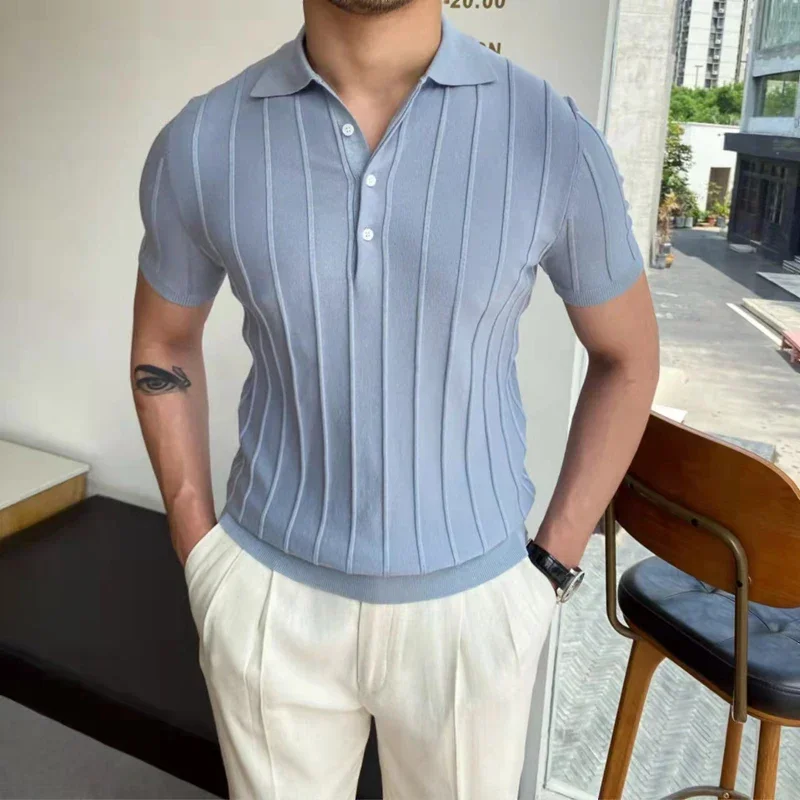 

2024 Spring Summer Knit Polo Shirt Men Casual Turn-down Collar Button-up Fashion Striped Solid Slim Tops Ice Silk Fabric T-shirt