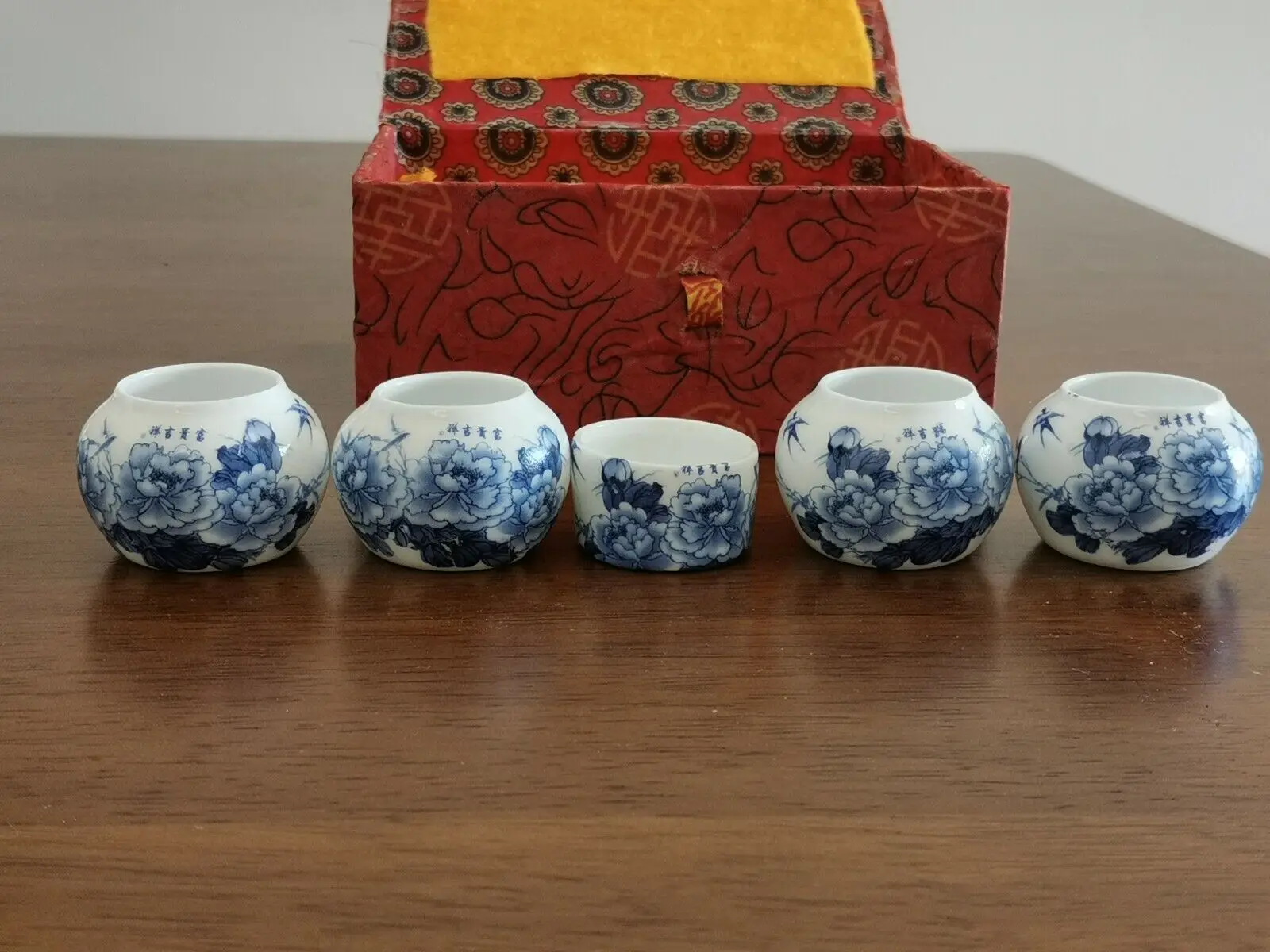 1set 5pcs Asian Bamboo Bird Cage Set Blue peony flower cups