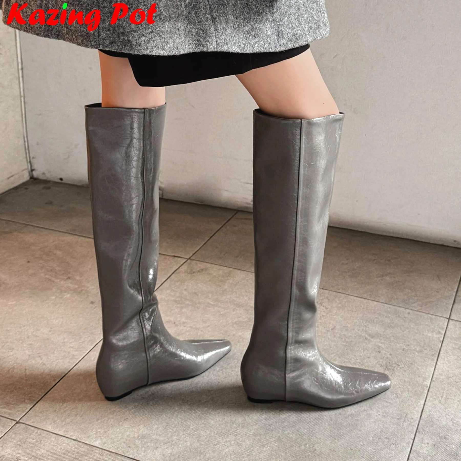 

Krazing Pot, модные ботинки из коровьей спилка на среднем каблуке, теплая зимняя обувь, роскошные лаконичные сапоги до колена для свиданий