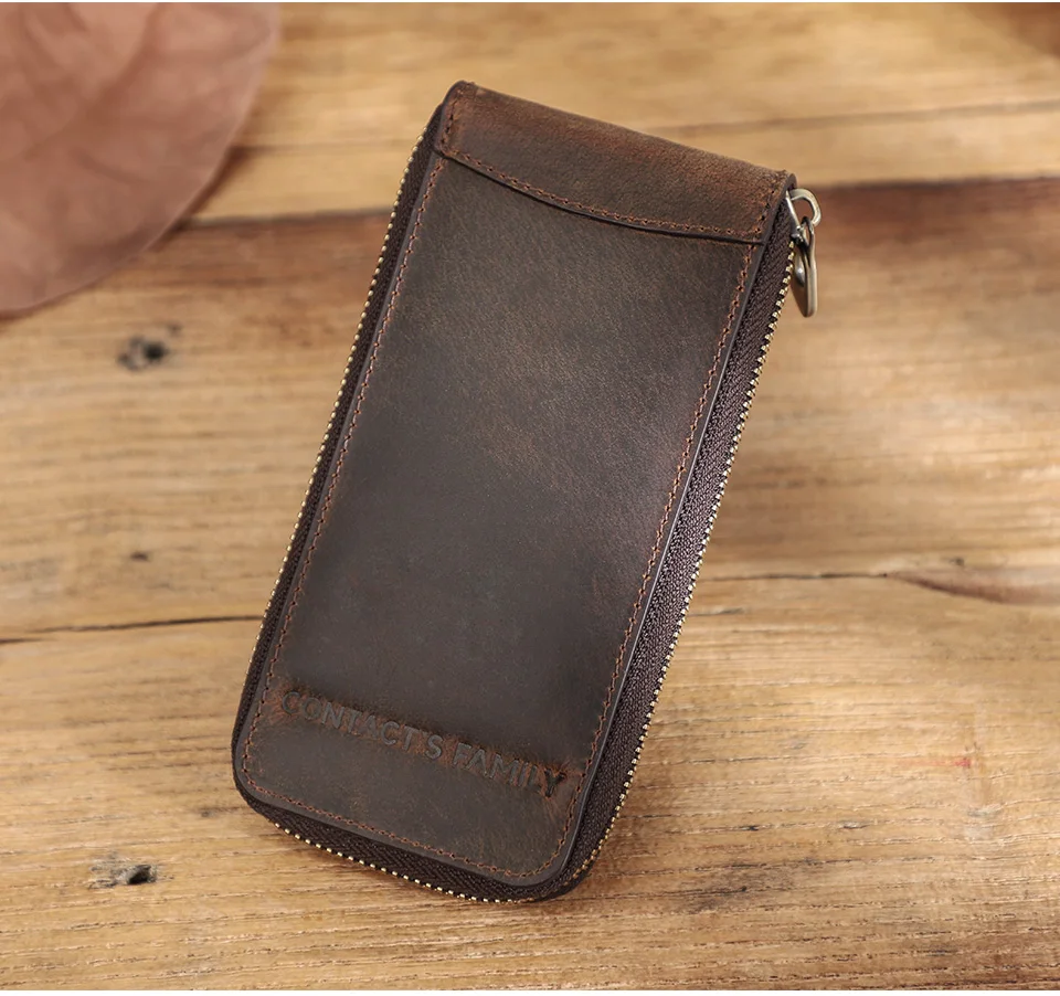 CONTACT'S FAMILY Vintage-Uhrentasche aus echtem Leder, handgefertigt, tragbarer Reise-Organizer aus Leder mit Kartensteckplatz und Reißverschluss – Detail 2