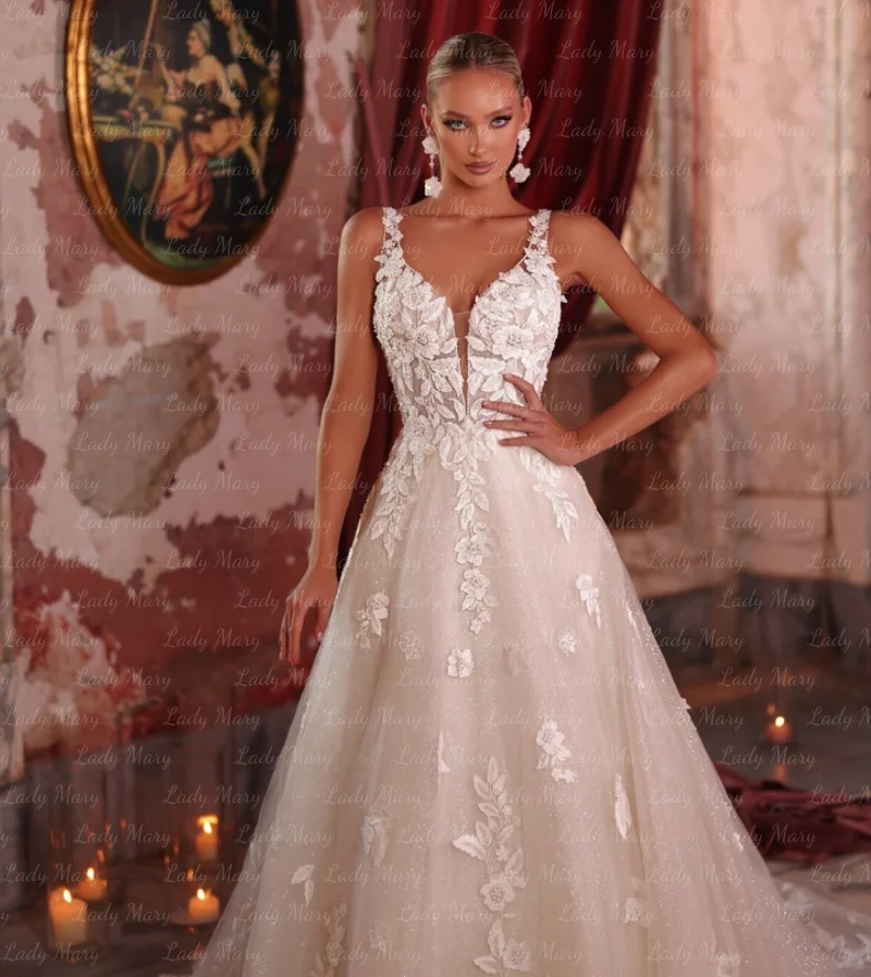 Customized Glitter Wedding Dresses V Neck Lace Applique A Line Bridal Gowns Sweep Train Church Robe De Mariée 2025