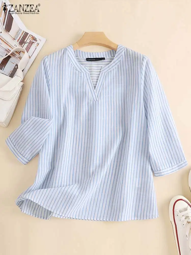 ZANZEA Women Elegant V Neck 3/4 Sleeve Blouse Fashion Summer Striped Shirt Casual Autumn OL Work Tops Female Party Blusas Mujer