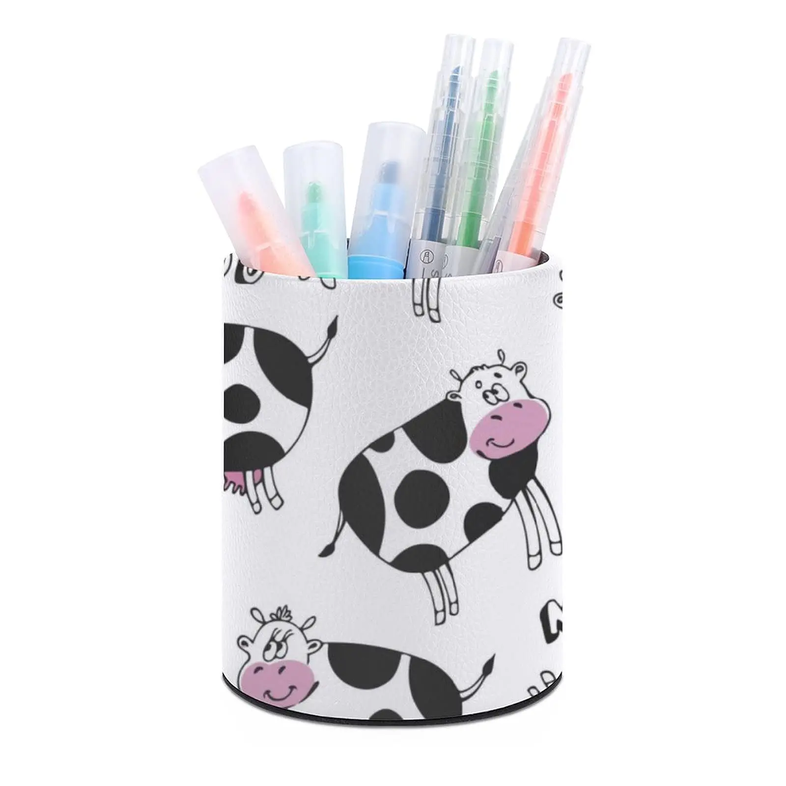 Cute Dairy Cow Pencil Holder for Desk Organizer Stand Pen Cup Leather Makeup Brush Holders Stationery Caddy Classroom Study Gift