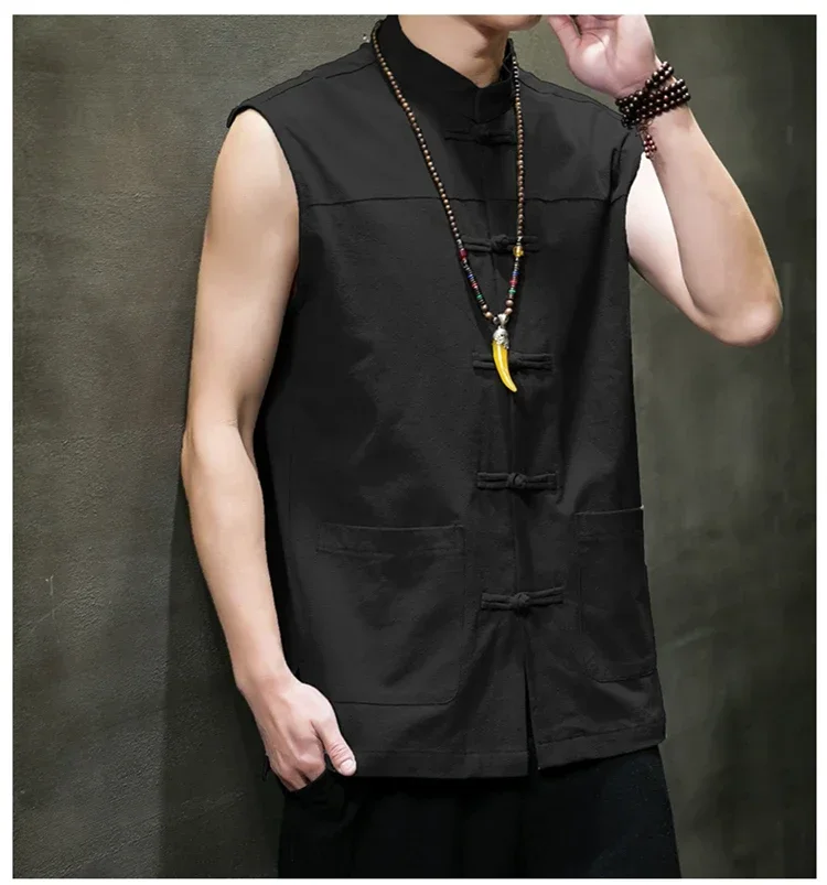 Spring Summer Men\'s Chinese Vintage Linen Vest Sleeveless Shirt Hanbok Cardigan Jacket Harajuku Open Seam Jacket M-5XL