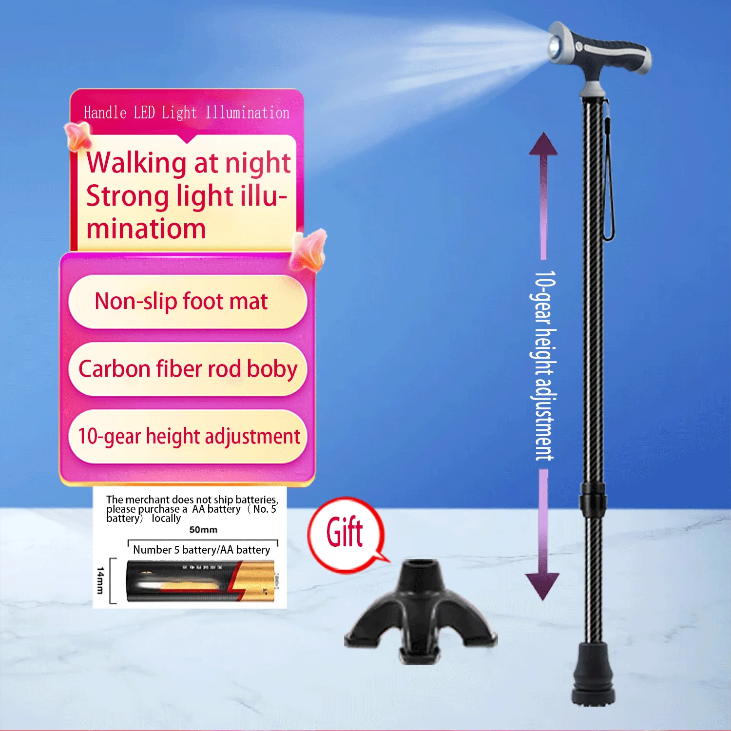 

Carbon fiber Walking stick with light for elderly people, hiking Walking stick,night lighting stretchable cane with lamp