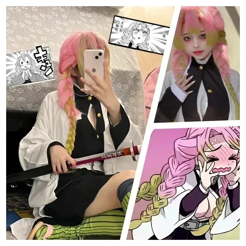 2024 Anime Kanroji Mitsuri Cosplay Costume Kimono Haori Dress Wig Clothes Halloween Costume for Adult Children Demon Slayer