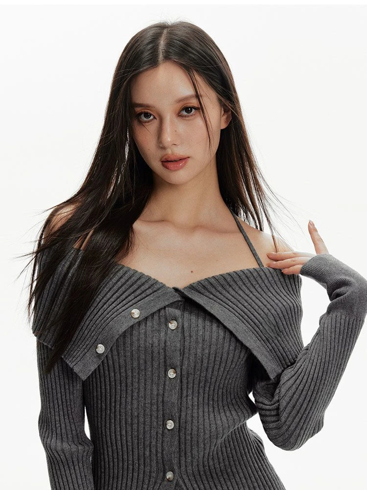 2024 Spring Slash Neck Sweater Women Cardigans Y2k Korean Slim Vintage Grey Sweaters Even Party Bandage Knitwear Female Chic