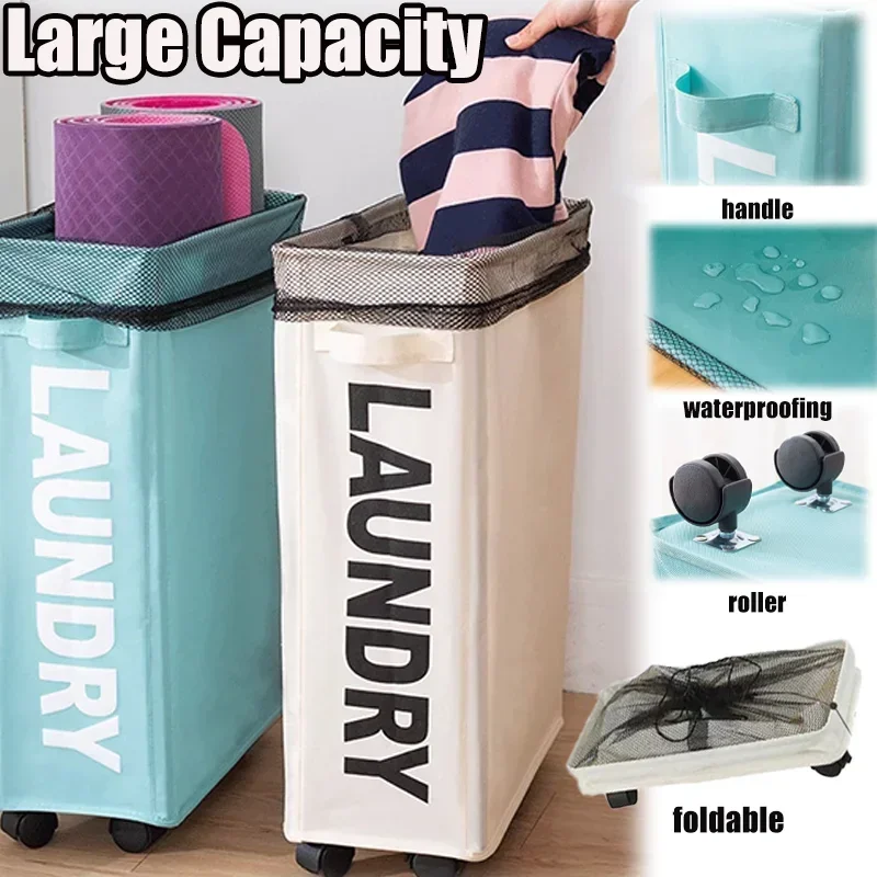Foldable Laundry Basket With Wheels Dirty Clothes Storage Baskets Fitness Tool Yoga Mat Storage Sundries Box Household Organizer