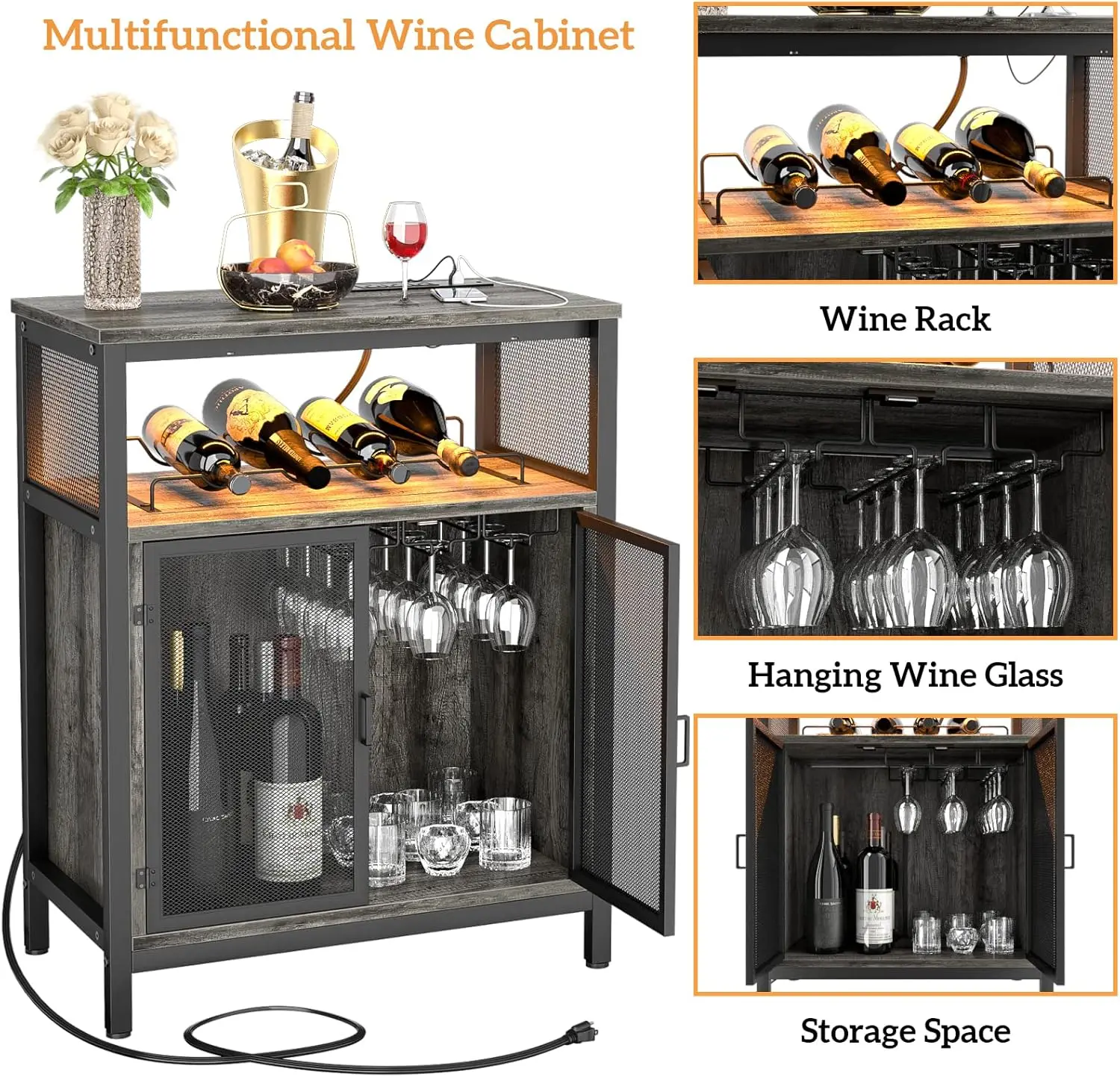 Unikito Wine Bar Cabinet with RGB Light and Outlet, FreeStanding Wine Rack Table, Liquor Cabinet with Glass Holder