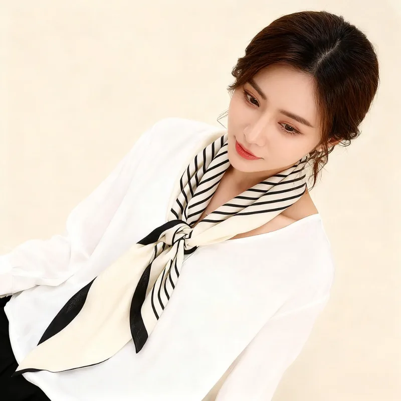 Black White Geometric Striped 100% Silk Scarf Women Luxury Satin Square Neck Scarves Multifunctional Headband Bag Accessories