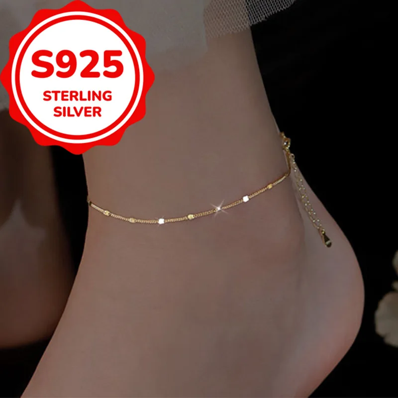 925 sterling silver simple temperament flashing small square anklet women's gift niche fashion simple small anklet