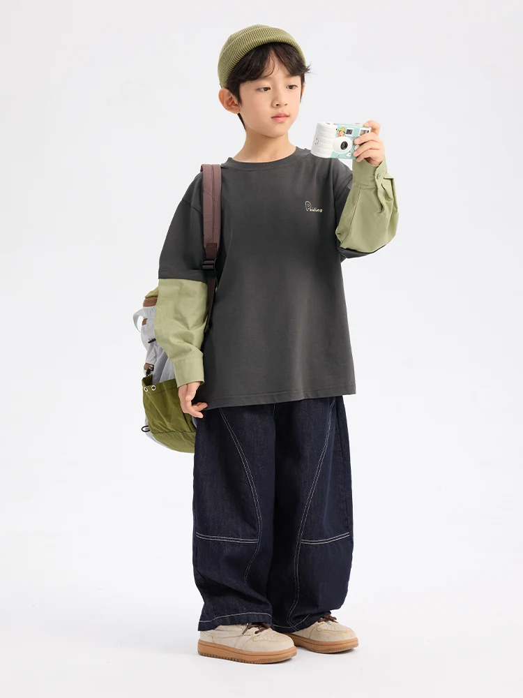 Casual Long Sleeve T-Shirt for Boys Autumn New Style Patchwork Breathable Cotton Blend Korean Style Loose Fit Children's Wear