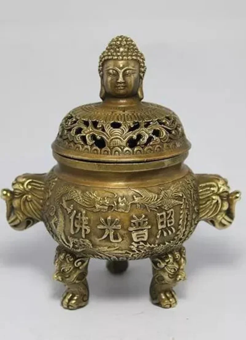 

Chinese Folk collectable Old Bronze Copper Buddha Dragon Incense Burners Censer