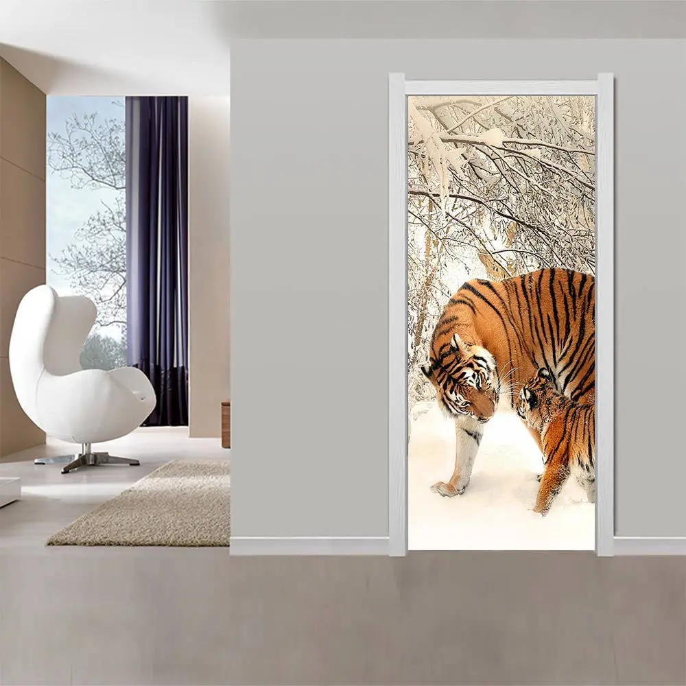 

Animal Photography Door Mural Sticker Ferocious Tiger Leopard Door Wallpaper For Boy's Room Bedroom Home Decorations