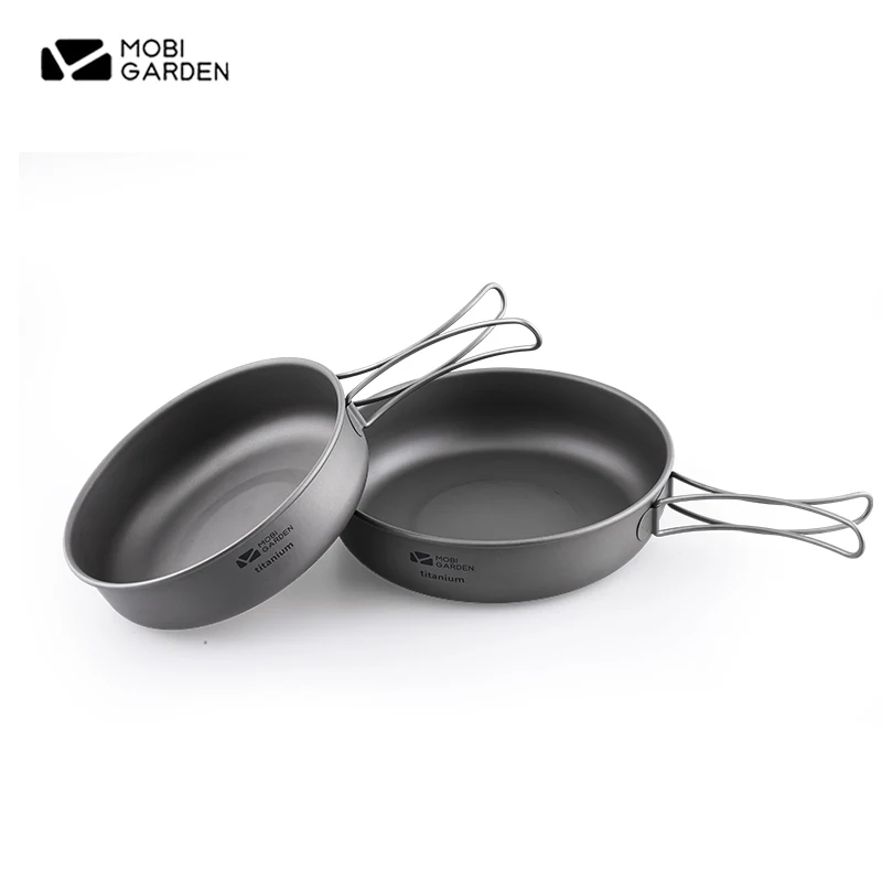 MOBI GARDEN Outdoor Cooking Tools Ultralight Folding Handle S/L Titanium Frying 1-2 Person Portable Steak Pan Picnic Kitchenware