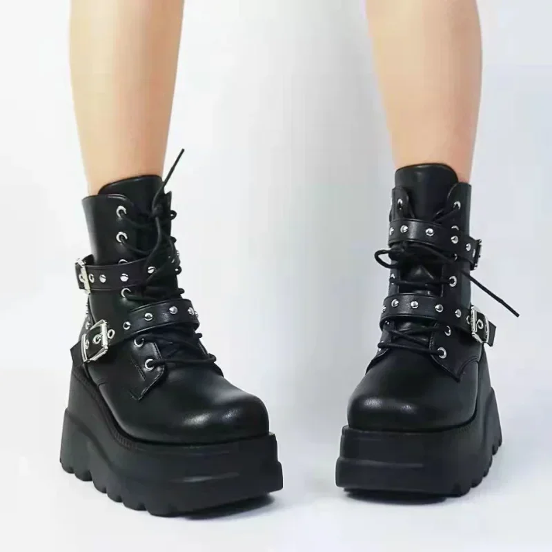 New Women's Pu Leather Ankle Boots Women Autumn Winter Round Toe Lace Up Shoes Women Motorcycle Platform Boots