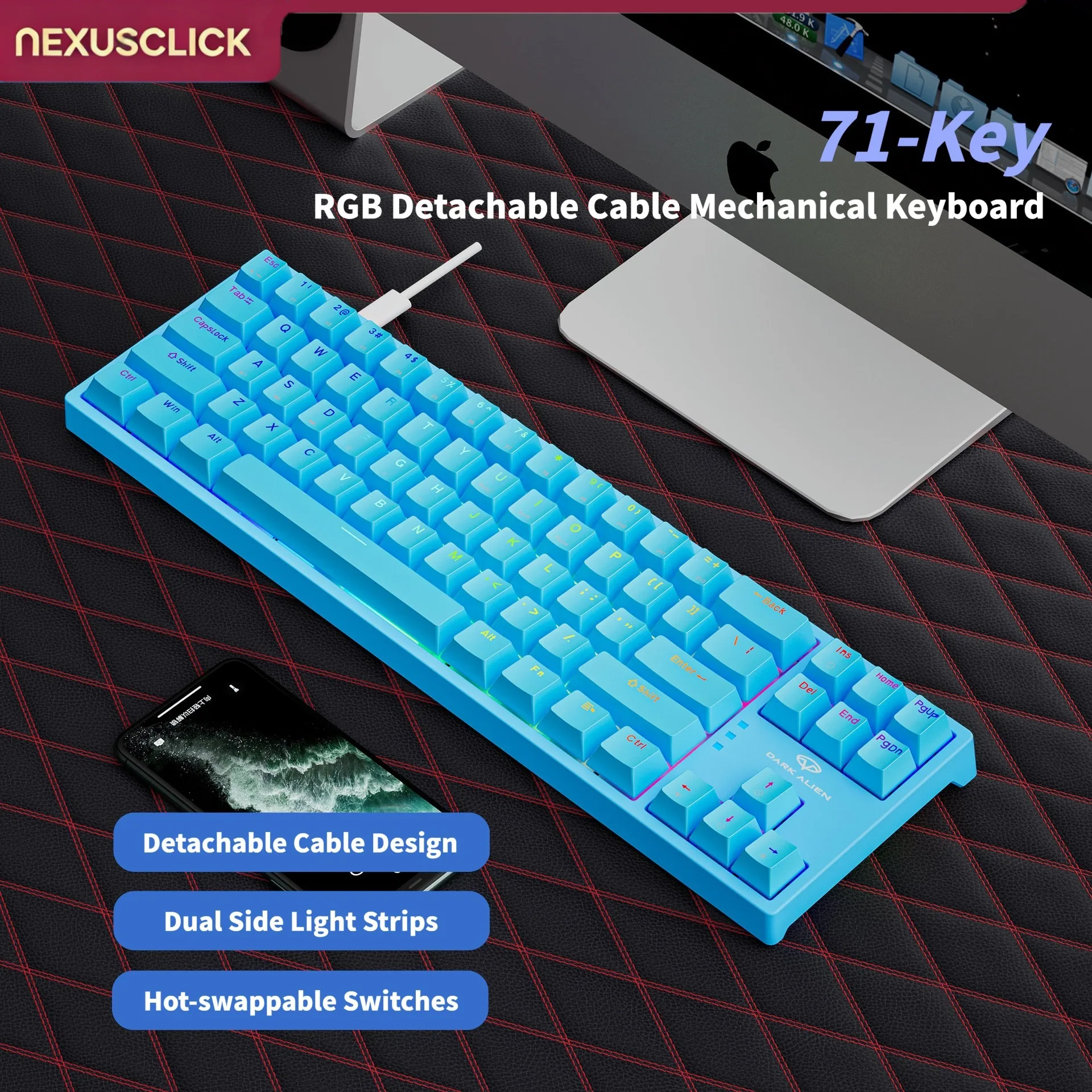 NexusClick K710 Hot Swappable Wired Mechanical Keyboard RGB Side Light Bar Type-C Detachable Cable Blue Switch Gaming Keyboard